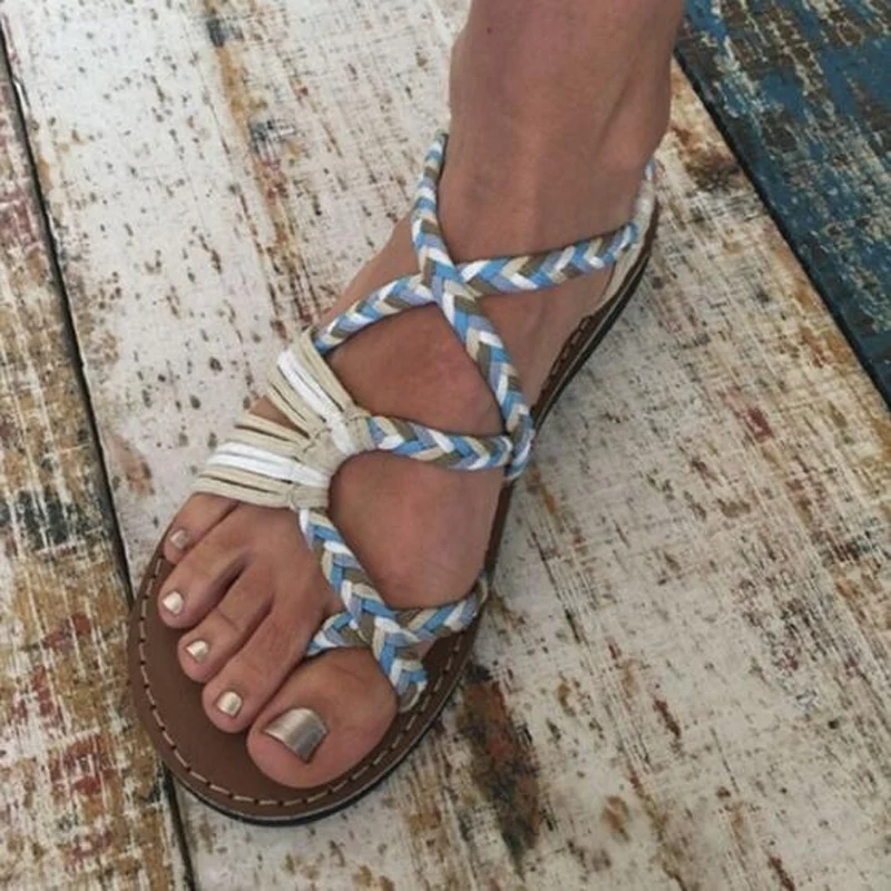 2021 Roman Summer Sandals Shoes Woman Color Matching Rope Knot Beach Toe Sandals Fashion Comfortable Women Plus Size Shoes