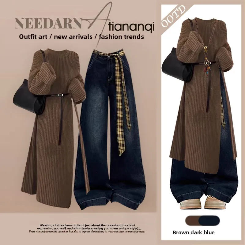 

Fall Faion Set Women's Vintage Long Knitted Sweater Dr with Slimming Wide Leg Jeans Two Piece Set Casual Pure Color