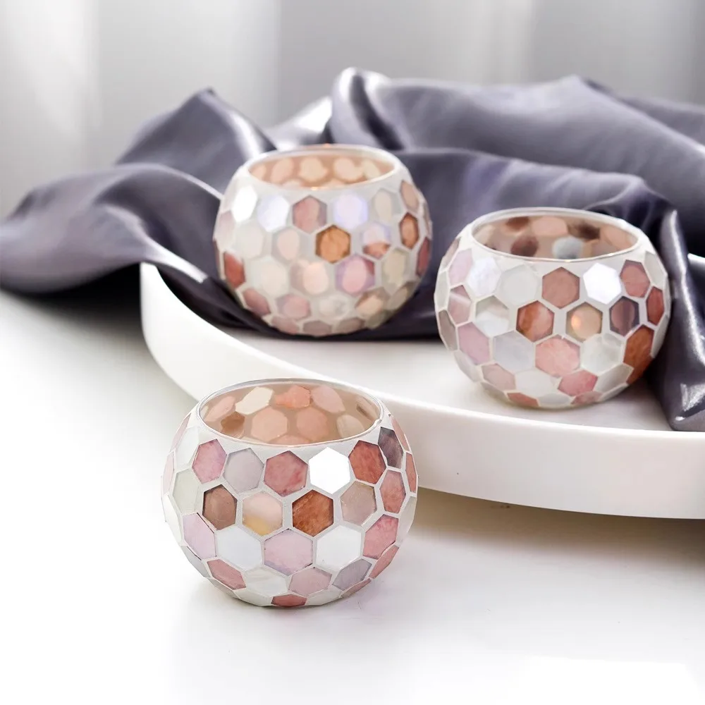 Romantic Mosaic Stained Glass Tealight Holder, Pink Hexagonal Tile Bowl Candlestick for Wedding Table & Home Accent Decor