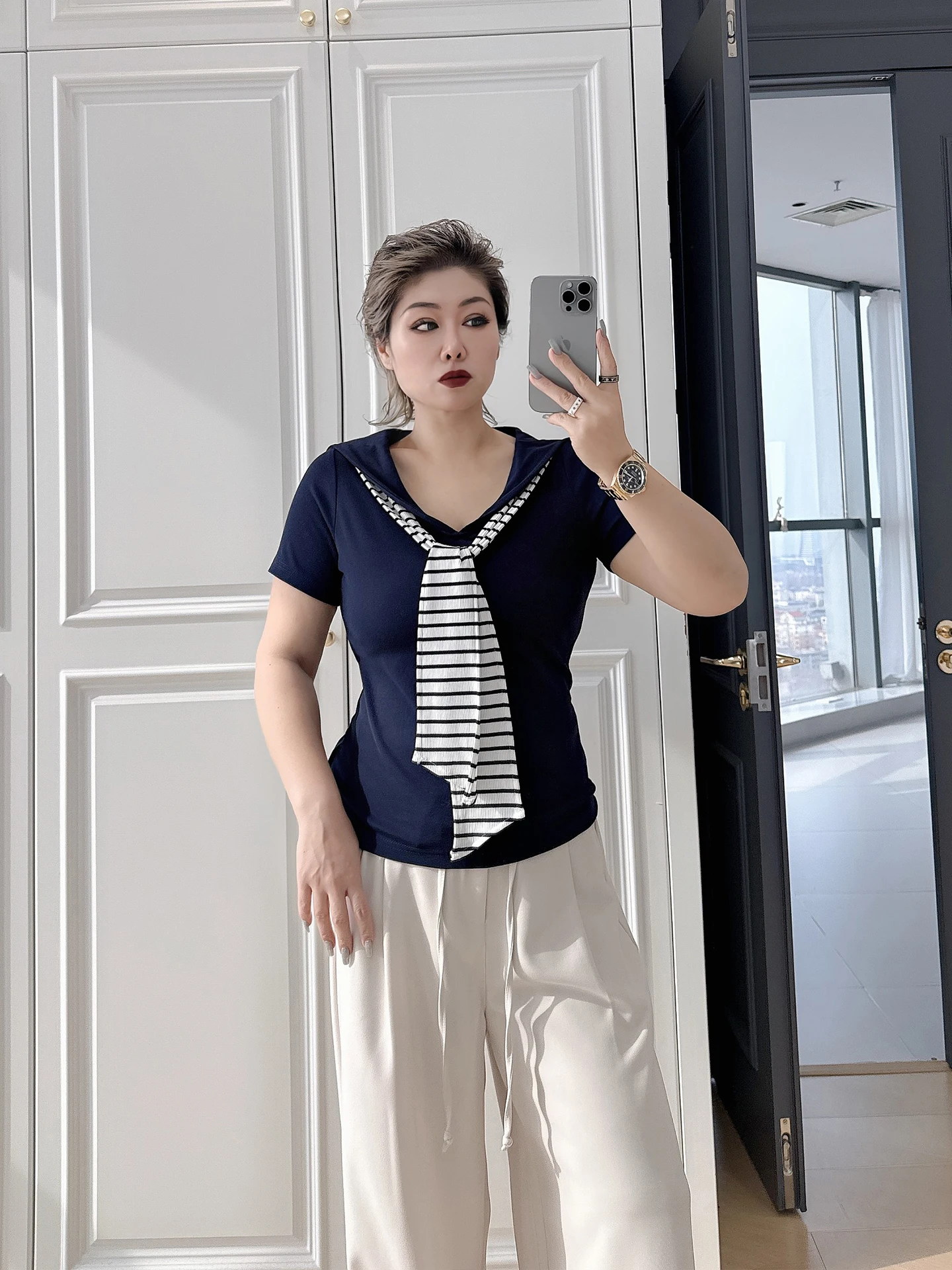 

Sweet And Spicy Girl Nautical Collar plus Size Women's T-Shirt with Shoulder Scarf Stripe Pattern Casual Loose Fit Short Sleeve