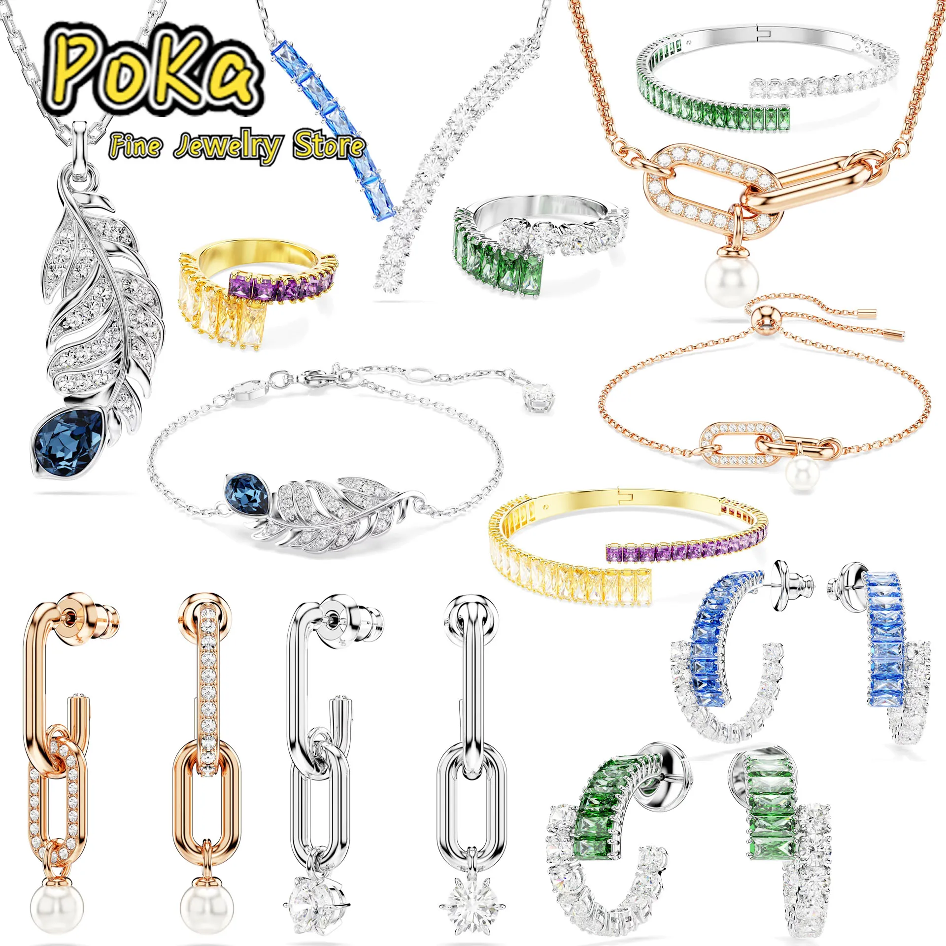 

New Jewelry Sets Green Crystal Ring Exquisite Blue Crystal Party Geometric Necklace Jewelry Ornaments Romantic Gifts For Women