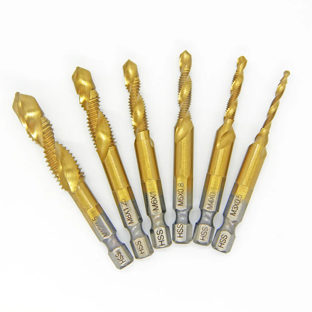 M3 M4 M5 M6 M8 M10 Tap Drill Bits 1/4 Hex Shank Machine Hand Taps Titanium Coated HSS Drilling Tap Bits Thread Screw Tools