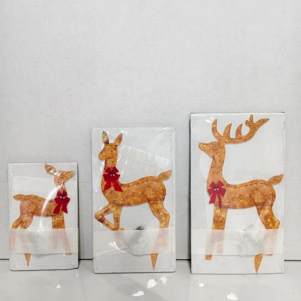 2D Flat Lighted Reindeer Statue Acrylic Golden Reindeer Deer Xmas Luminous Reindeer Crafts With Bow LED Glowing Deer