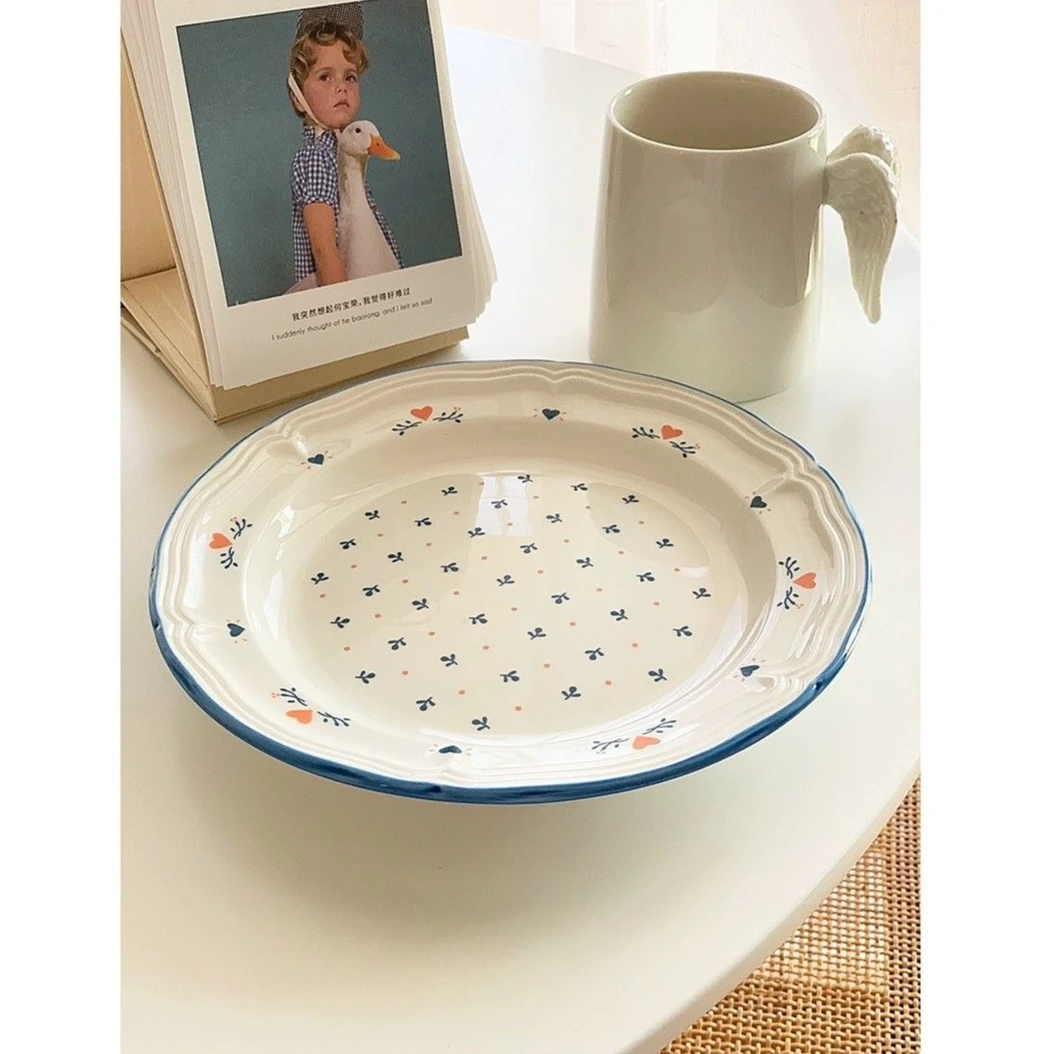 Plate Korean style relief edge blue edge ceramic western breakfast plate high appearance level printing lovely delicate