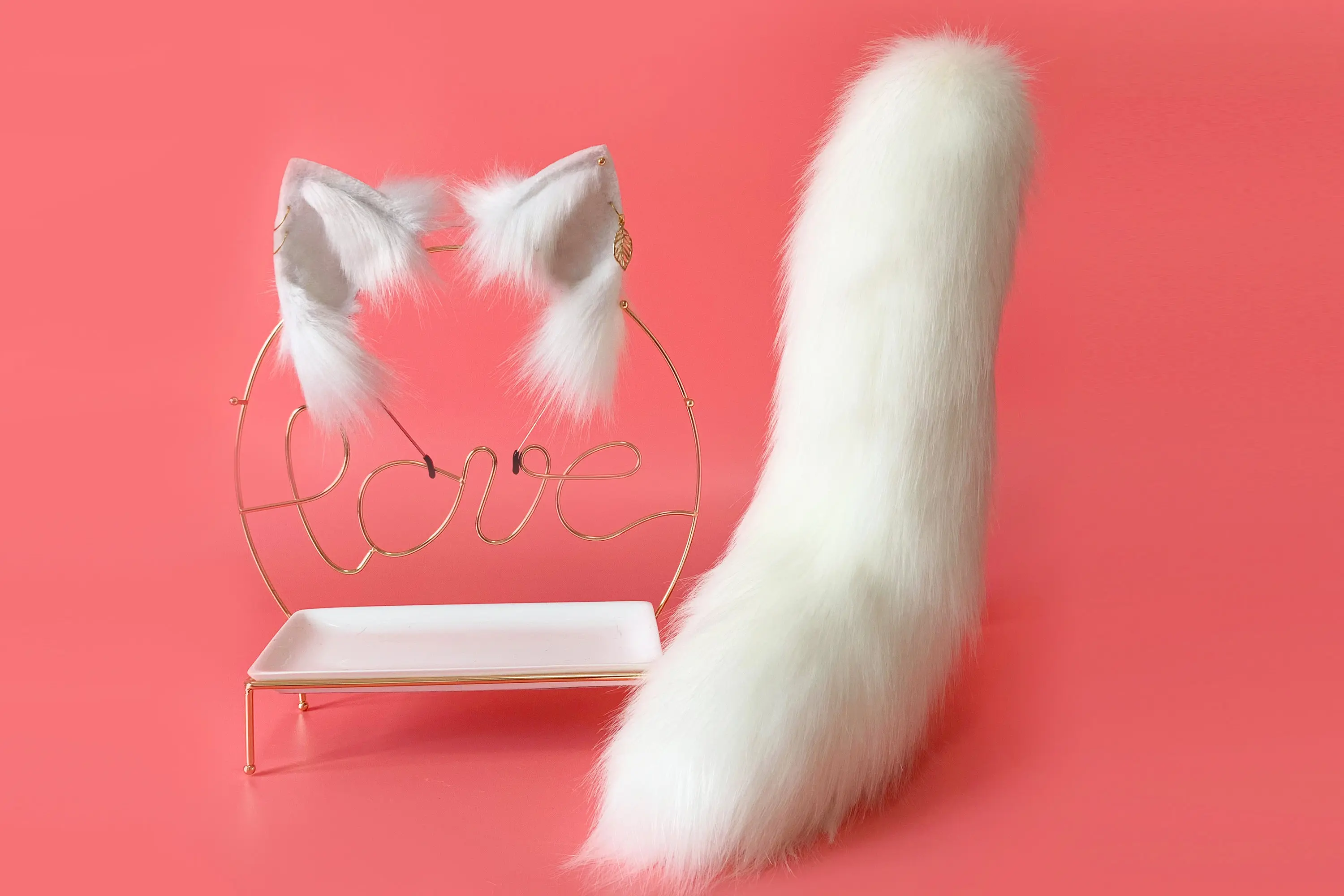 Cute white fox ears and tail set, dog cosplay costume, animal ear headband, faux fur tail, Halloween accessory, anime convention 2