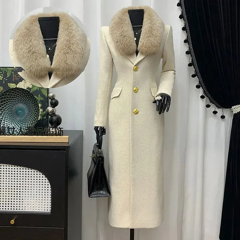 

High-End Genuine Fox Large Fur Collar Long Woolen Coat Women 2025 Winter New Style Thick Single-Button Elegant Overcoat Female