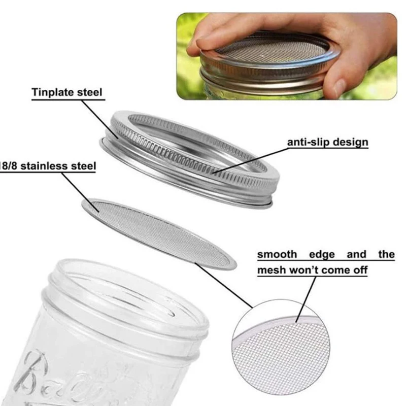 Seed Sprouter Germination Cover Stainless Steel Mesh Screen Strainers Filter Sprouter Mason Canning Jars Sprouting Lid Grow Cap