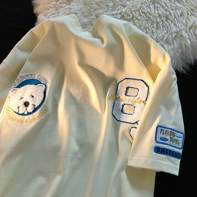 

Хлопковый летний топ свободного покроя с вырезом лодочкой, новинка, Милая футболка с вышивкой медведем и коротким рукавом, женское полотенце, топ с вышивкой