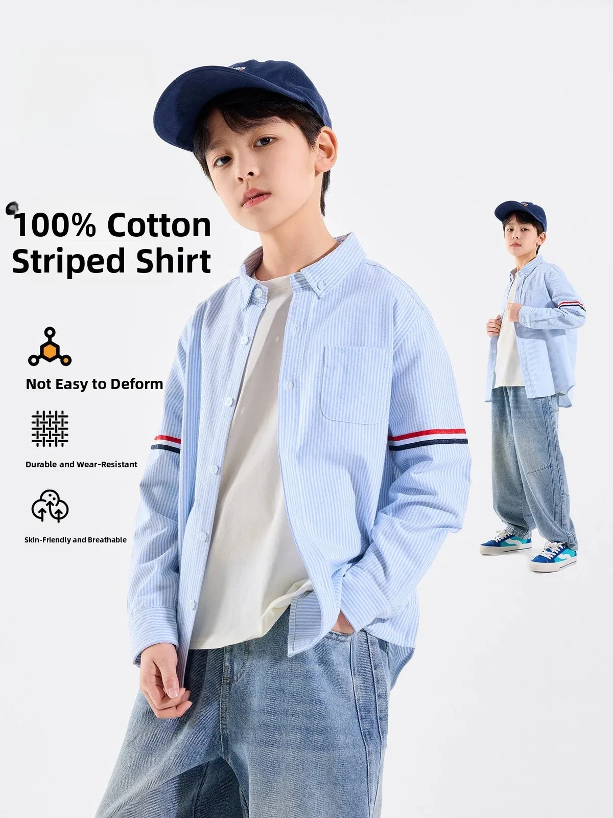 100% Pure Cotton Boys' Shirt Children's Blue Striped Long Sleeve Top for Teenagers And Preteens Casual Comfortable Springwear