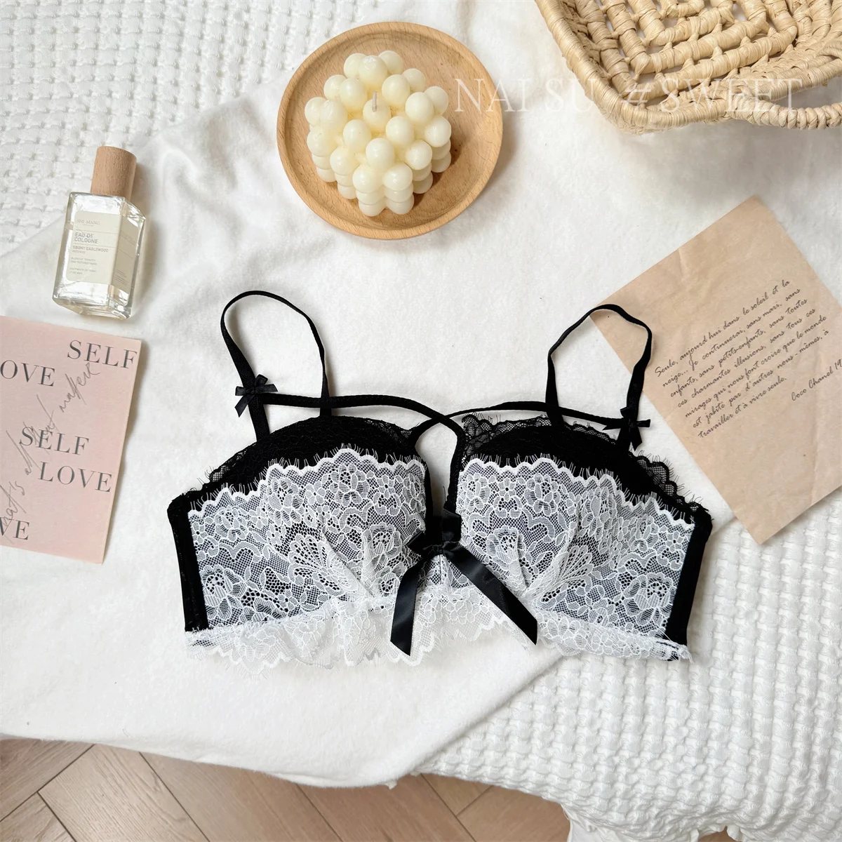 Sexy Lace Bra Set Small Breasts Gathered Without Steel Ring Bra Sweet Bow to Collect Side Breasts Anti-Sagging Bra Set