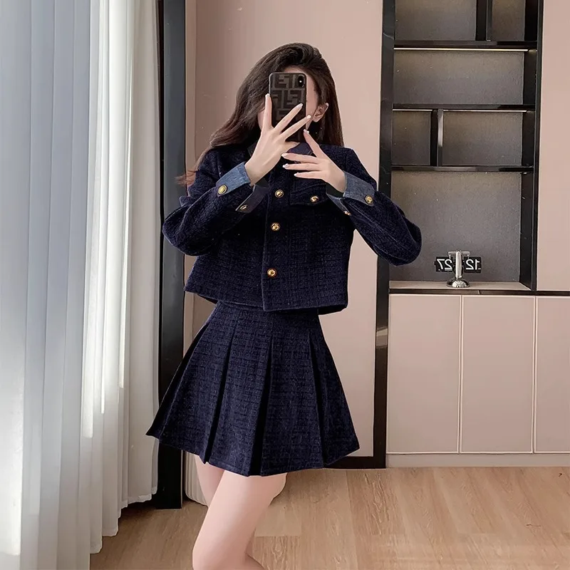 Women's Fall Winter French Celebrity Style Fashion Mini Skirt Set Single-breasted Long Sleeve Top Pleated Skirt Two-piece Set