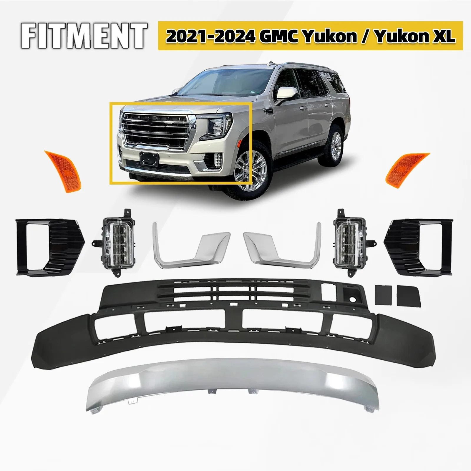 

Комплект нижних накладок на передний бампер для GMC Yukon 2021-2024 с хромированными противотуманными фарами