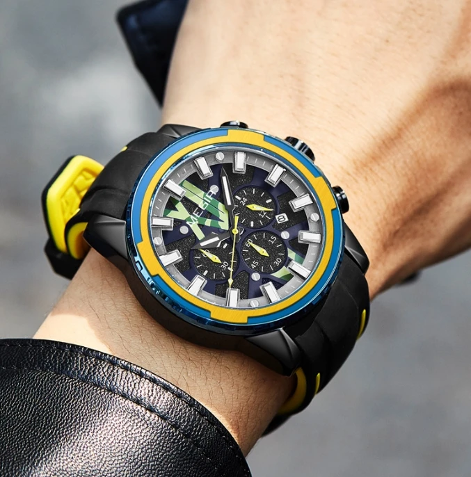 

Hot selling 2024 new men's fashion trend brand multifunctional timing waterproof silicone quartz watch, shipped within 48 hours