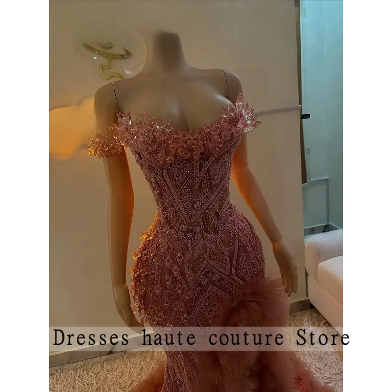 

Aso Ebi Румяно-розовые кристаллы с открытыми плечами Русалка Пром платья с высоким боковым разрезом Африканские оборки Вечерние платья по индивидуальному заказу