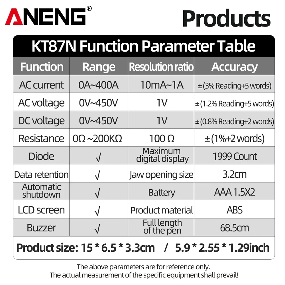 ANENG Multímetro Digital Alicate Medidores KT87N 600V AC/DC Tensão Corrente True RMS Multímetros Capacitância Ferramentas de Testador Elétrico