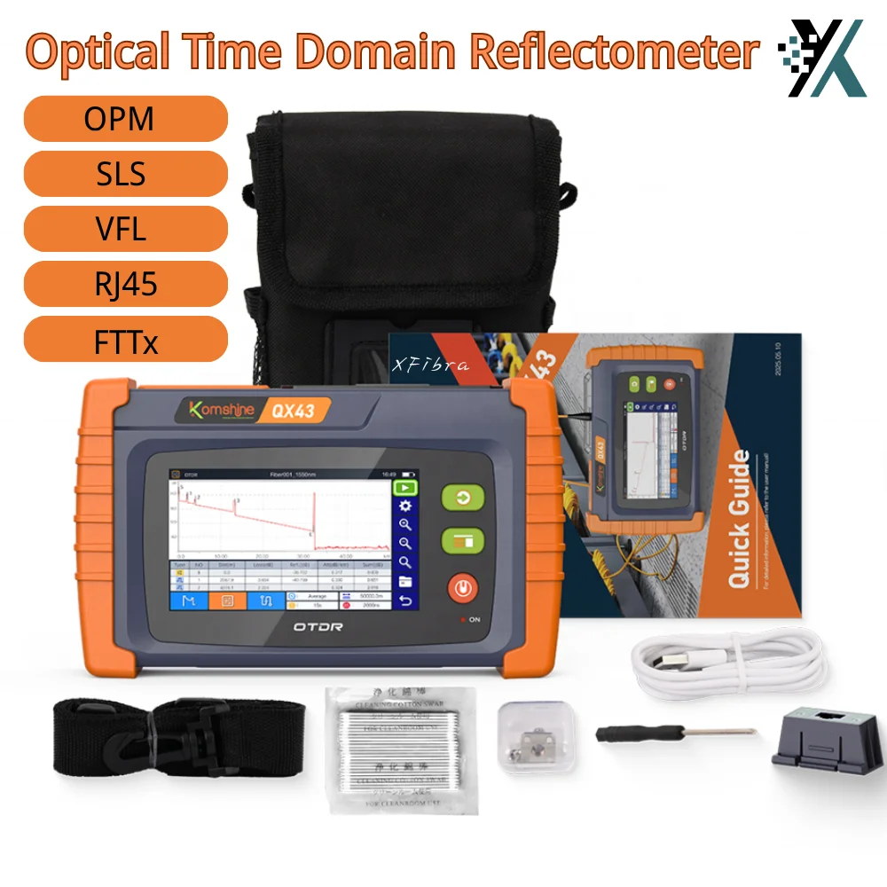 KOMSHINE QX43 FTTX SM/PON Touch Screen OTDR, Up to 9 Wavelengths, Built-in OPM, VFL, OLS & RJ45, Interchangeable SC/FC Tips