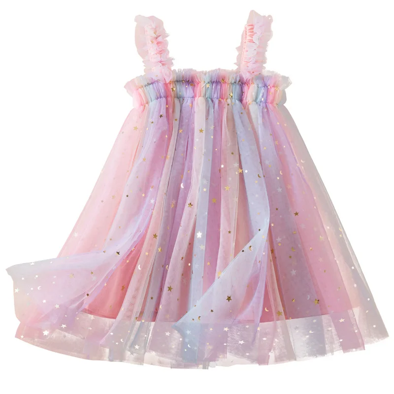 Flower Girl Dresses Summer New Girls' Strap Mesh Rainbow Sequin Princess Wedding Party reggiseno per bambini a-line lunghezza al ginocchio