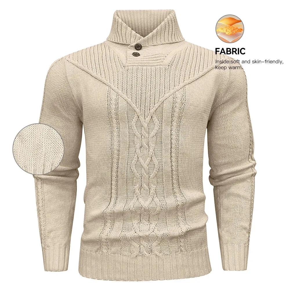 Men's Sweater Winter Shawl Collar Pullover Sweater Casual Cable Knit Button Sweaters Woolen Solid Color  Fleece Tops US Size