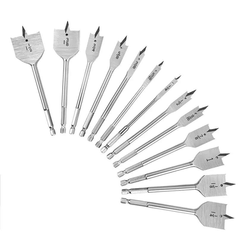 

A02M-13X Spade Drill Bit Sets,Alloy Steel Paddle Flat Bit With Quick Change Shank, Flat Wood Hole Cutter 1/4Inch To 1-1/2Inch Du