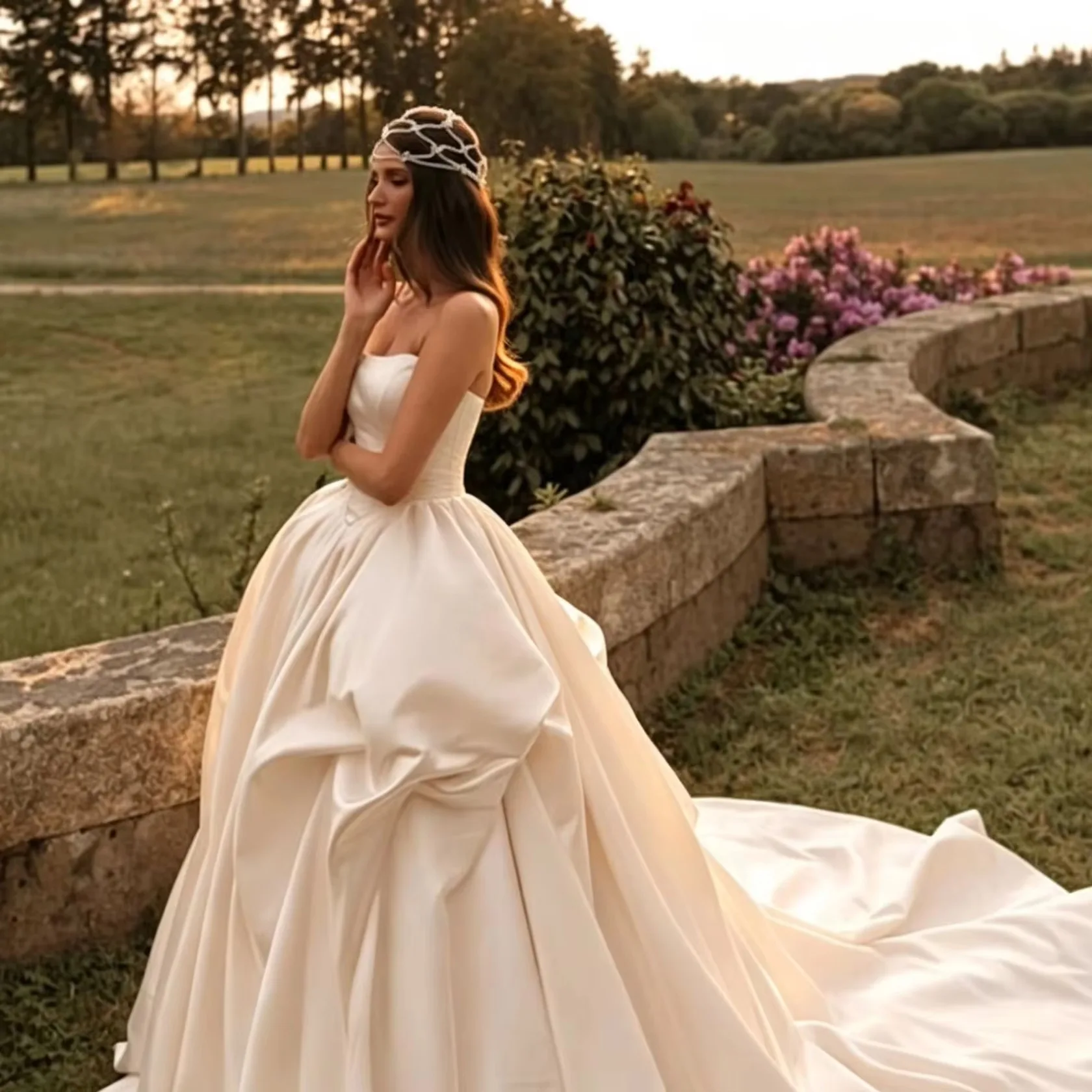 Dream Satin Wedding Dress Strapless Ball Gown with Huge Court Train Ruched Elegant Formal Wedding Ceremony Party Dress for Bride