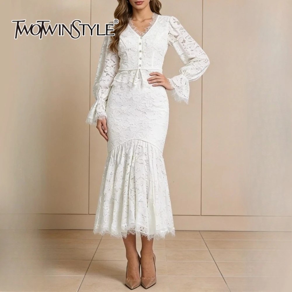 

TWOTWINSTYLE Slimming Sheer Spliced Lace Two Piece Set for Women V Neck Long Sleeves Short Top High Waist Skirt Sets Female New