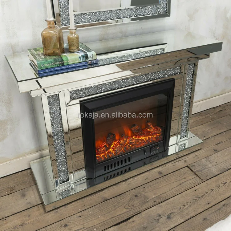 Mirrored LED Electric Fireplace with Crushed Diamond, Luxury Decorative Entrance Table for Modern Living Room
