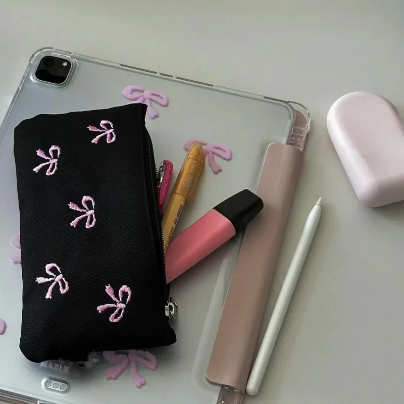 New Canvas Cute Embroidered Bag Bowknot Square Shape Cosmetics Bag Lovely Print Pencil Case Back To School