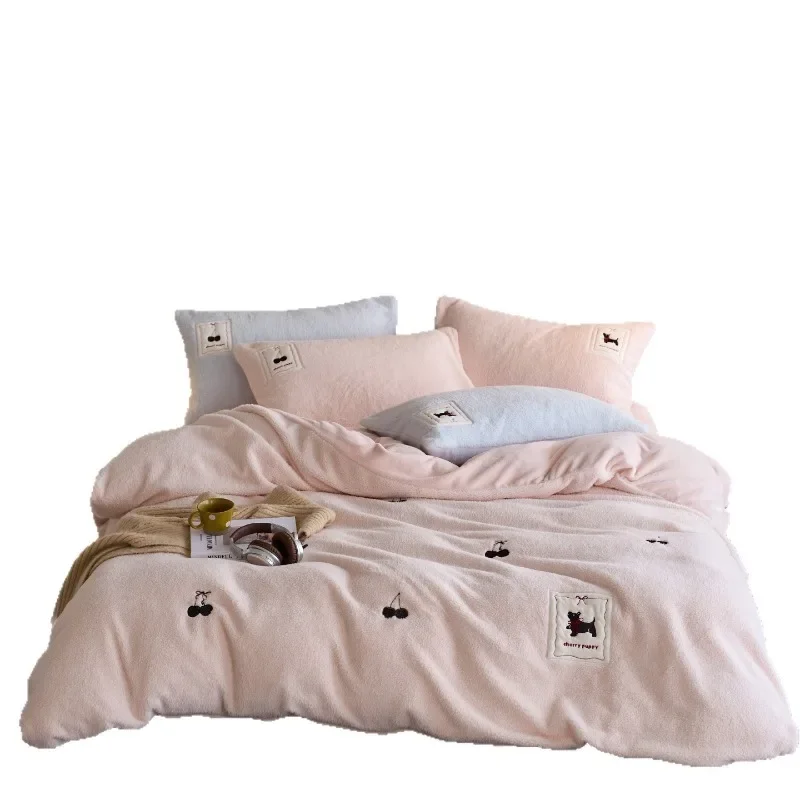 Little Fresh Girl Heart Cherry Embroidery Milk Fleece Thickened Four-piece Set