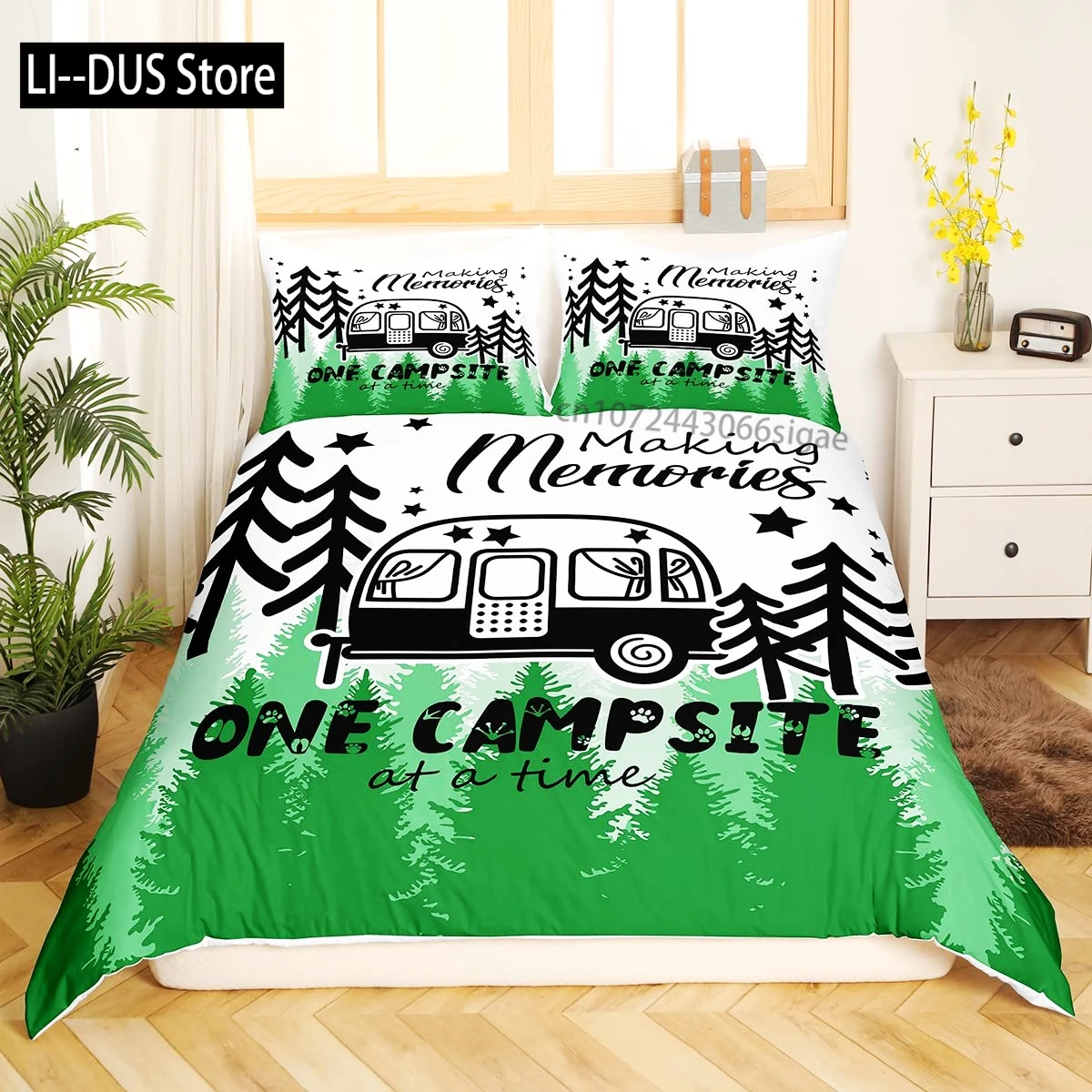 

Camping Bedding Set Twin King Full Size for Teens Adult Duvet Cover Happy Camping Comforter Cover 3 Pieces with 2 Pillowcase