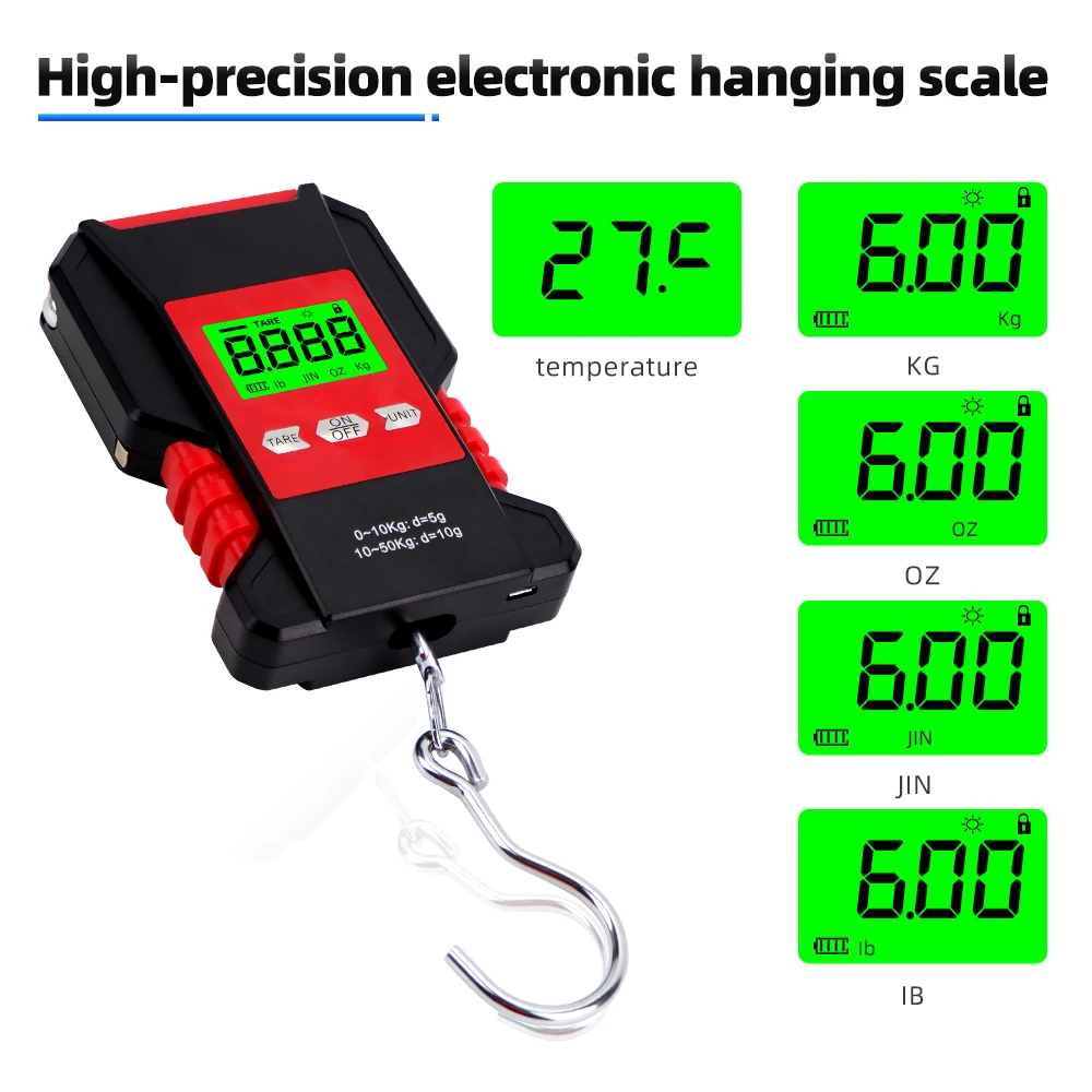 50KG Digital Hanging Scale with Ruler Portable Travel Luggage Weighing Scale Digital Waterproof Fishing Scale Kitchen Food Scale