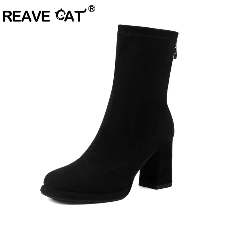 REAVE CAT Fashion 8.5cm Block Heel 1.5cm Platform Flock Block Ankle Boots Stretchy Antislip Shoes Big Size 48 US17 Apricot