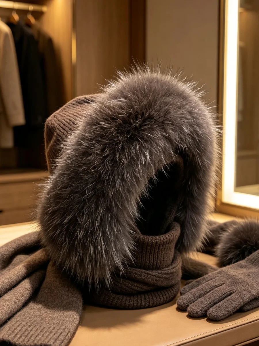 Warm Knit Fox Fur Hat Fluffy Winter Fashionable Headwear for Men And Women