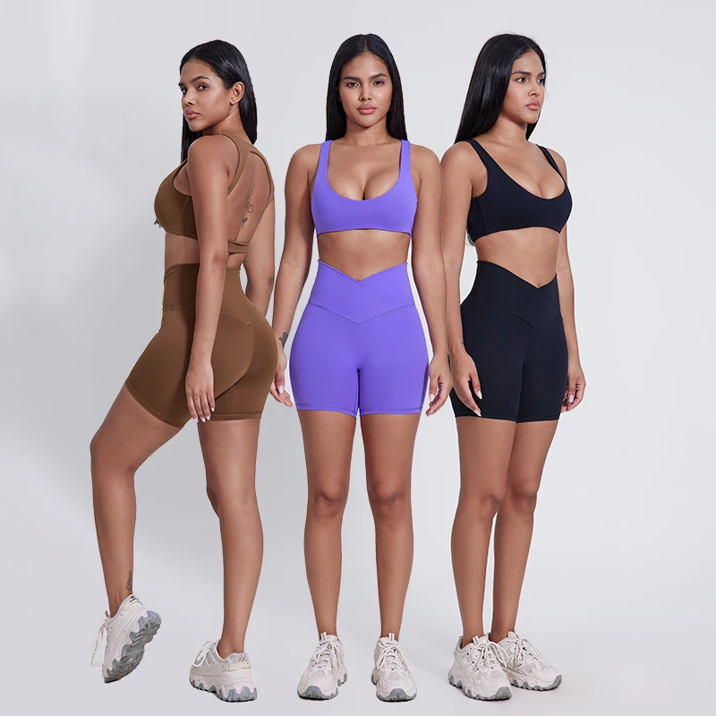 2 Piece Yoga Suit Women Open Back Sports Bra Crossover Waist Shorts Gym Set High Elastic Fitness Workout Clothes Sportswear