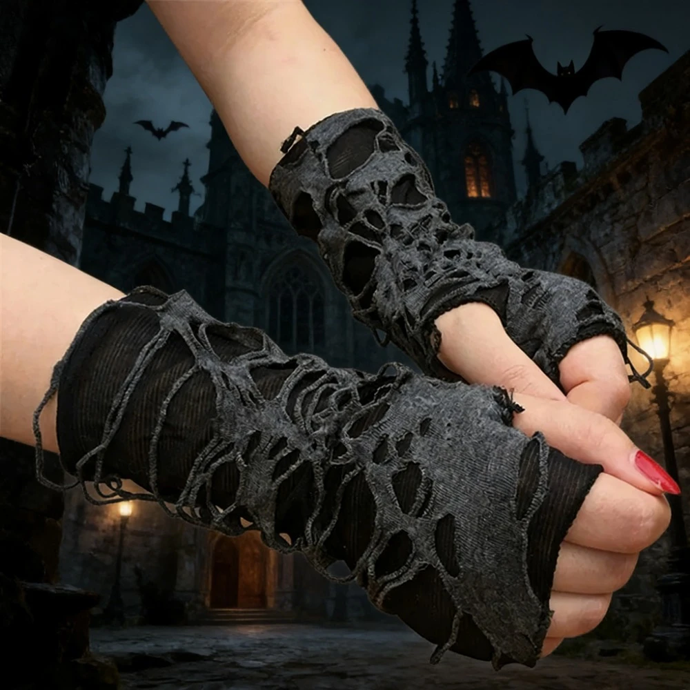 Unisex Gothic Schwarze Lange Fingerlose Handschuhe für Damen und Herren, Sexy Festival Clubwear Tanz Cosplay Kostüm Accessoires