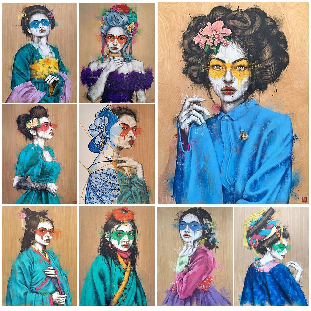 Geisha Girl Portrait Nordic Poster Colorful Women Wall Art Canvas Painting Wall Pictures For Living Room Home Decor Unframed