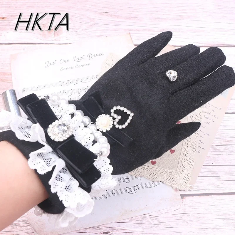 Handmade Japanese Winter Gloves Women Sweet and Cute Mine Lace Lace Bow Beaded Finger Lace Fleece Warm Gloves Lolita Girls