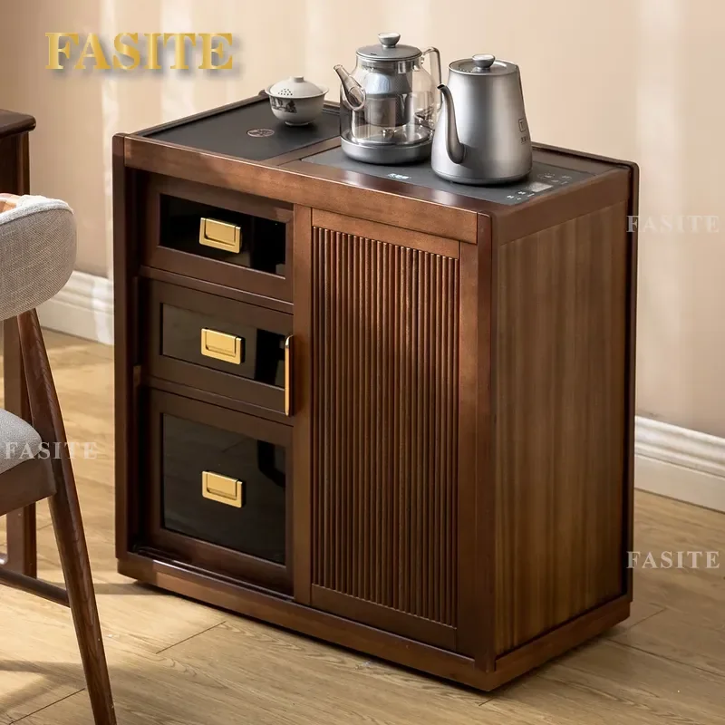 For Black Walnut Solid Wood Tea Table Small Household Side Cabinet Mobile Tea Cart Kettle Integrated Storage Shelf Living