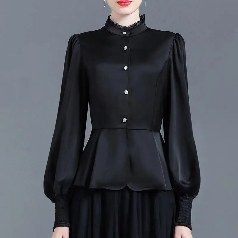 Spring Autumn Women Satin Elegant Ruffled Lace Patchwork Shirts Office Lady Business Casual Blouses Black Long Sleeve Slim Tops