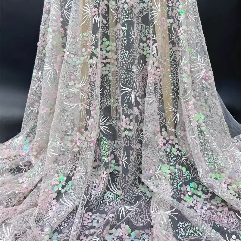 9mm Size Sequin Embroidered Mesh Fabric for DIY Sewing Wedding Dress Clothing Fashion Designer Fabrics Material Cloth