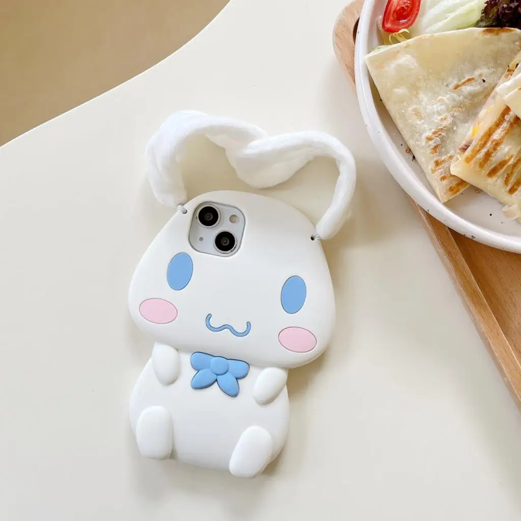 3D Sanrio Cinnamoroll Plush Ears Silicone Non-slip Phone Cases For iPhone 14 Plus 13 12 11 Pro Max Personality Soft Back Cover