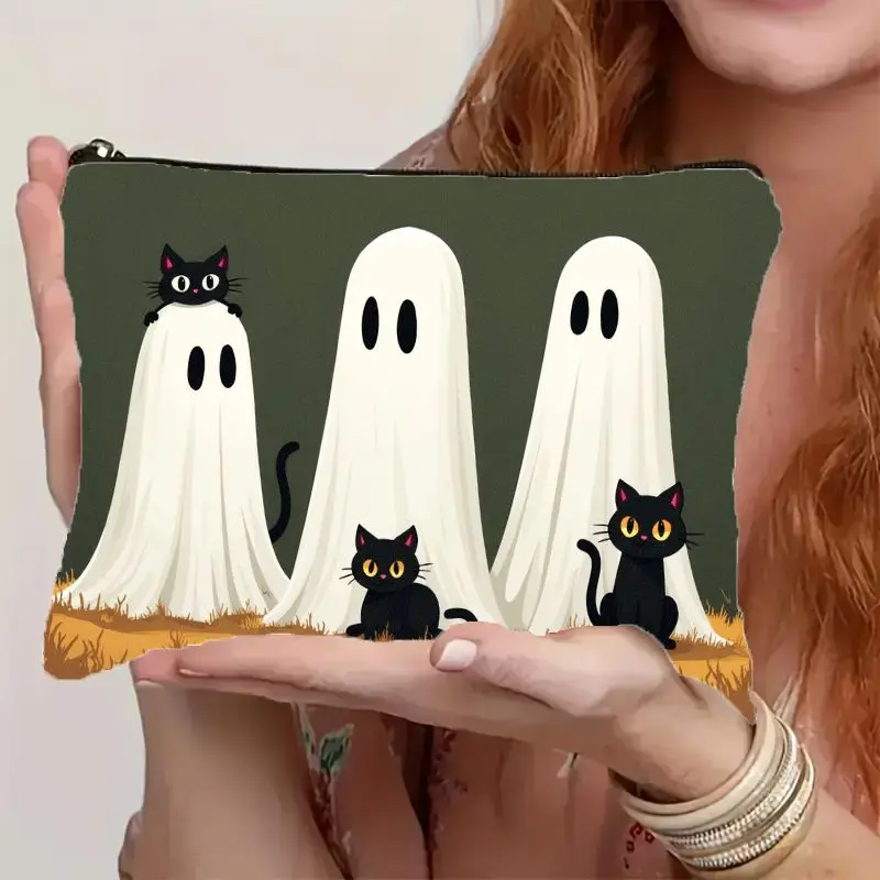Halloween Makeup Bag with Cute Ghosts & Black Cats - Gothic Cosmetic Organizer Zipper Closure,Lightweight Foldable Toiletry Case