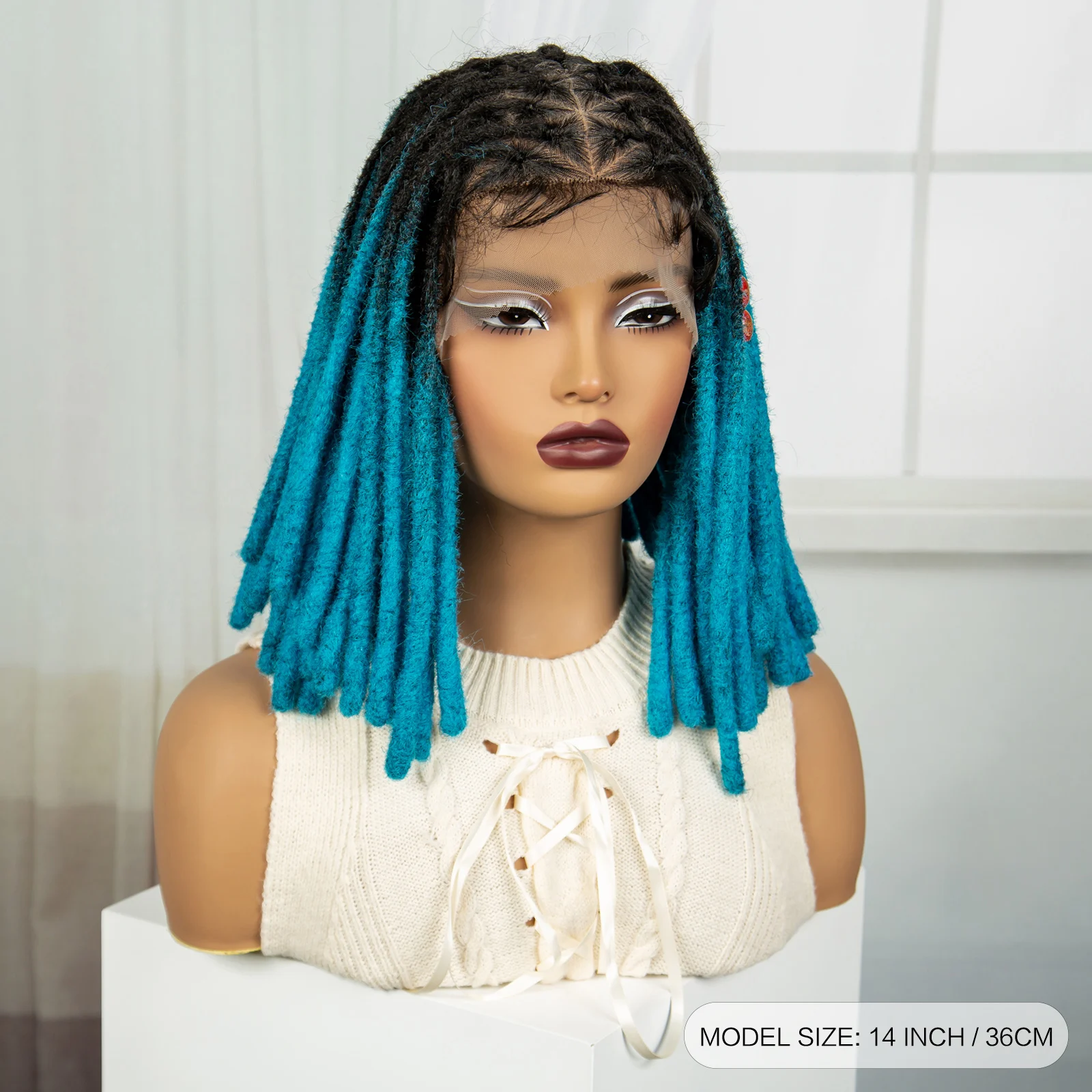 Blue Color Synthetic Full Lace Knotless Box Braided Wig for Black Women Faux Locs Braided Wig Dreadlock Braid Wig with Baby Hair