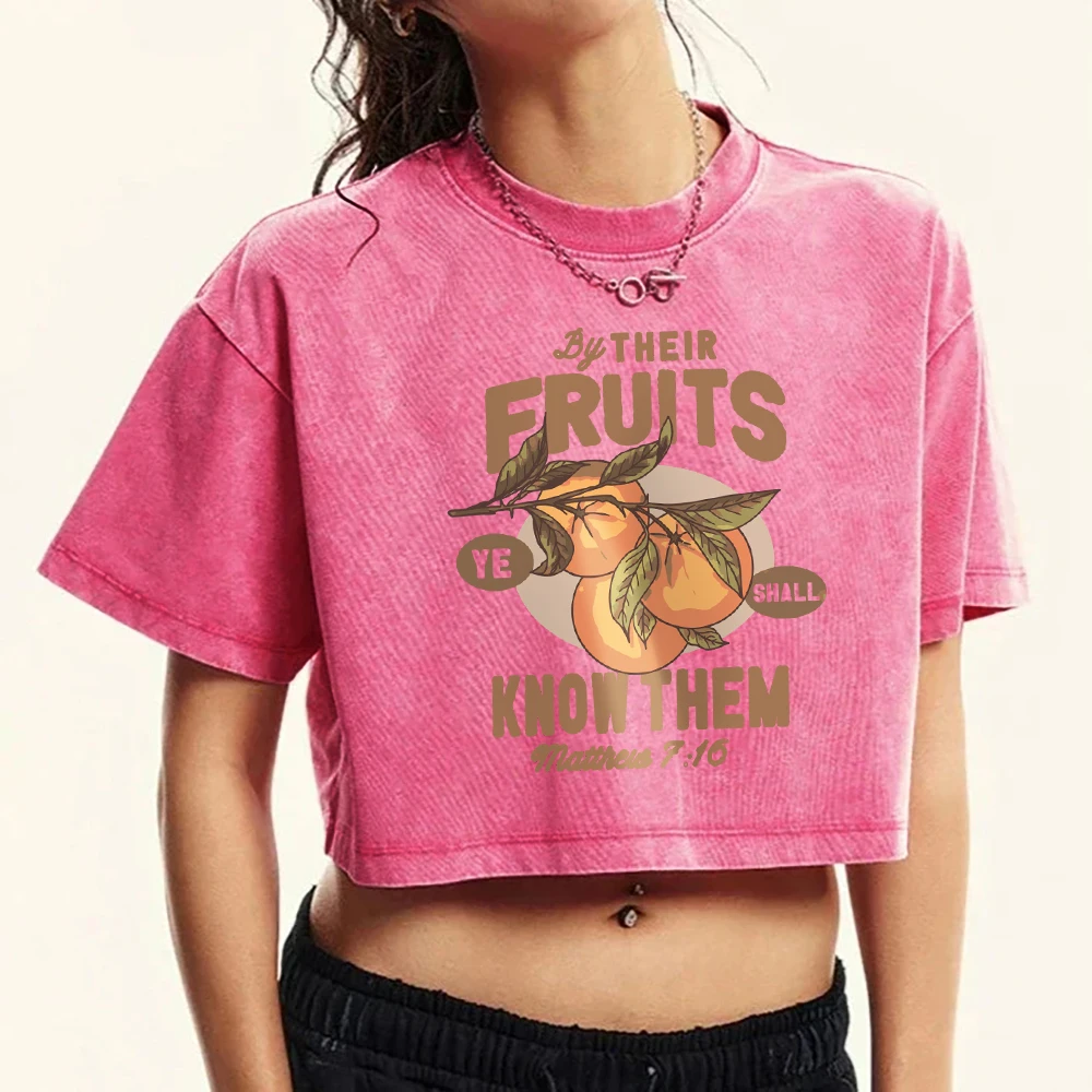 Fresh Fruits Orange Prints Washed T Shirt Womens Crewneck Fitness Short Sleeve Crop Summer Tops Cotton Casual T-Shirts Female