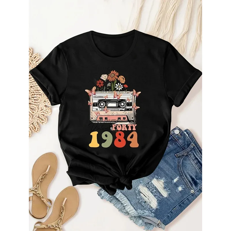 1984 Vintage Radio Print T-Shirt, Women's Fashion Short Sleeve T-Shirt, Summer Top Tee