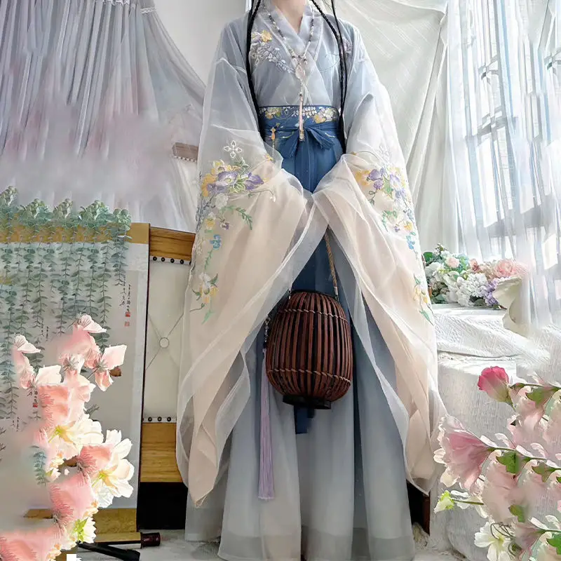 당나라 루 스커트 여성용 꽃무늬 프린트 요정 드레스 우아한 중국 전통 한푸 의상 시크 파티 드레스