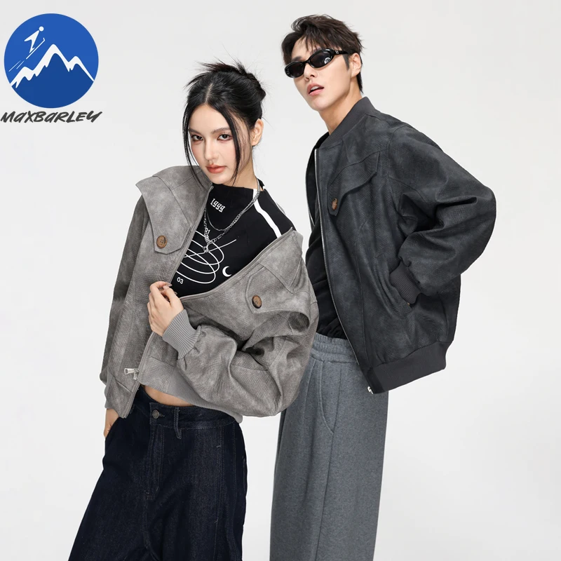 

Мотоциклетная куртка Maxbarley для мужчин и женщин, новинка 2026, весенне-осенняя мода, ретро пальто из искусственной кожи, уличные свободные бейсбольные куртки в стиле хип-хоп