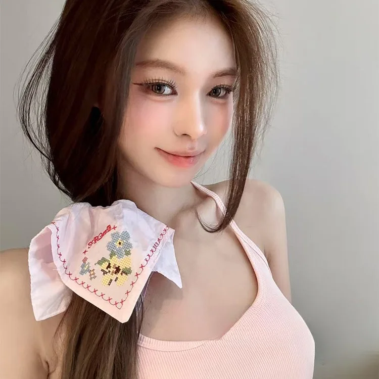 

Pastoral pink fruit flower embroidery large square towel hair band female sweet premium rubber band hair rope hair accessories