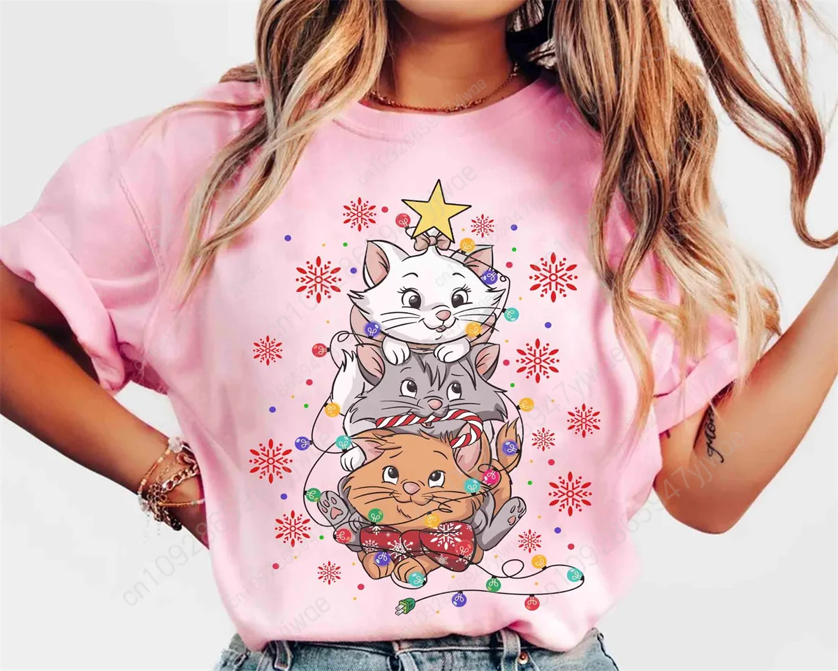 The Aristocats سانتا ماري أضواء عيد الميلاد قميص الأسرة عيد الميلاد قميص فضفاض ومريح أعلى الصيف المرأة القطن تي شيرت #4