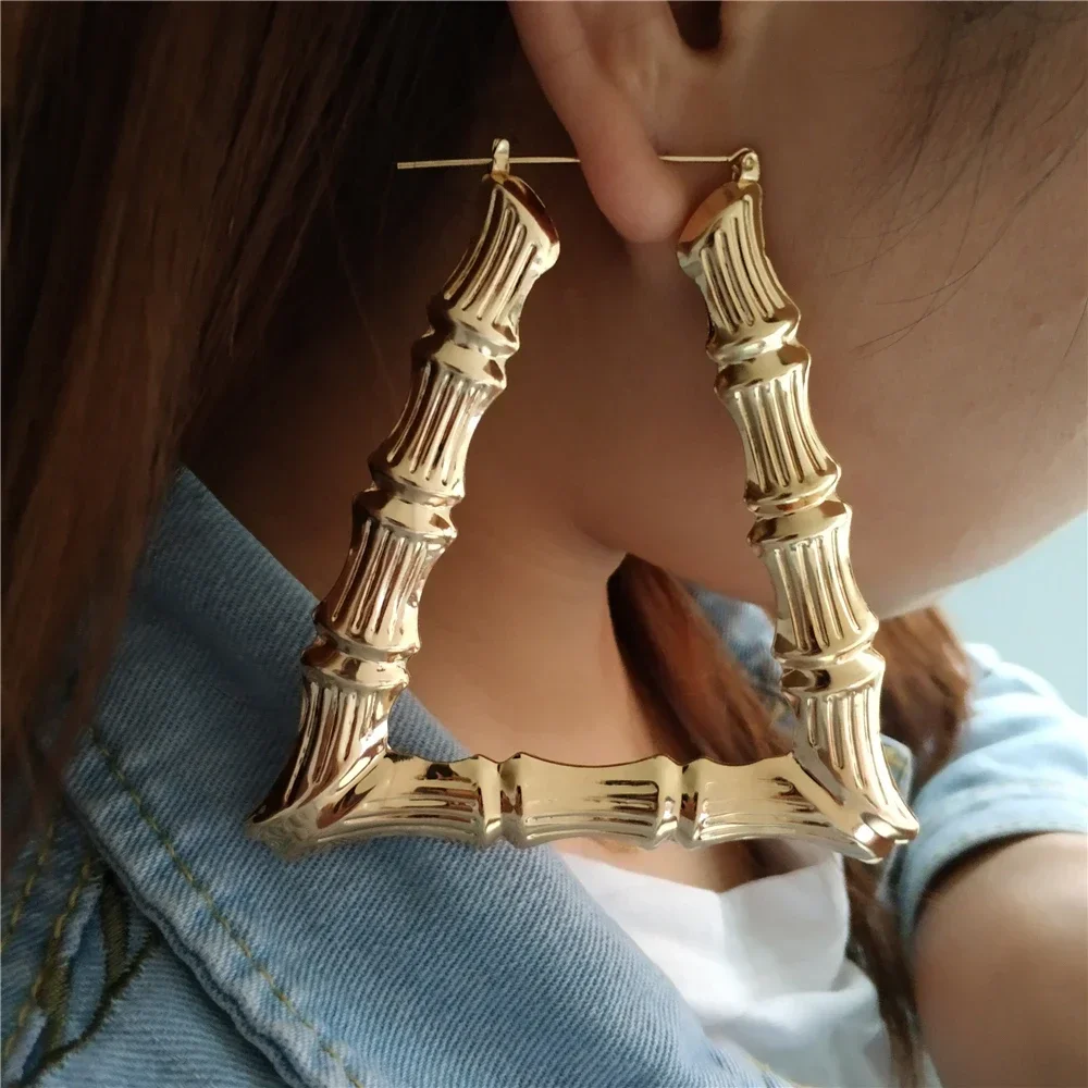 VIVILADY Punk Big Bamboo Triangular Trapezoid Hoop Earrings Women Gold Color Basketball Wives Brincos Boho Jewelry Party Gift