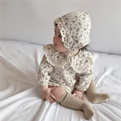 2024 Autumn Newborn Infant Baby Girls Romper with Hat Muslin Soft Lapel Floral Lovely Babe Rompers One Piece Clothing Bodysuit